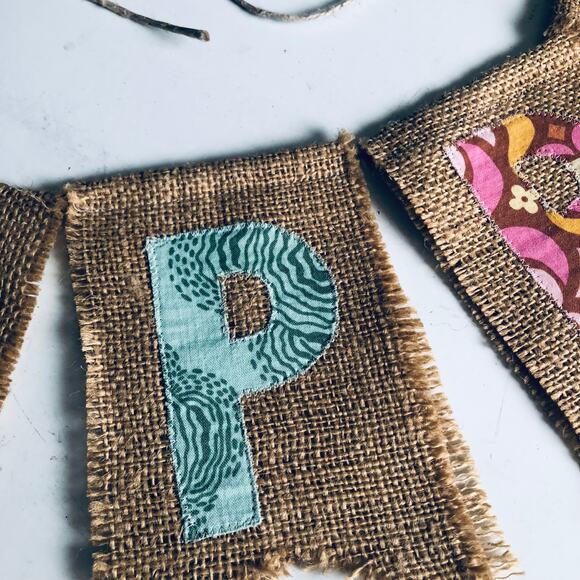 "Happy" Burlap Embroidered Decorative Banner Amy Butler Fabric Handmade Nursery - Picture 3 of 9